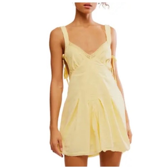 Free People Viva Mini Dress In A Peek A Boo Elegant Yellow Sundress Size XL - Picture 2 of 13